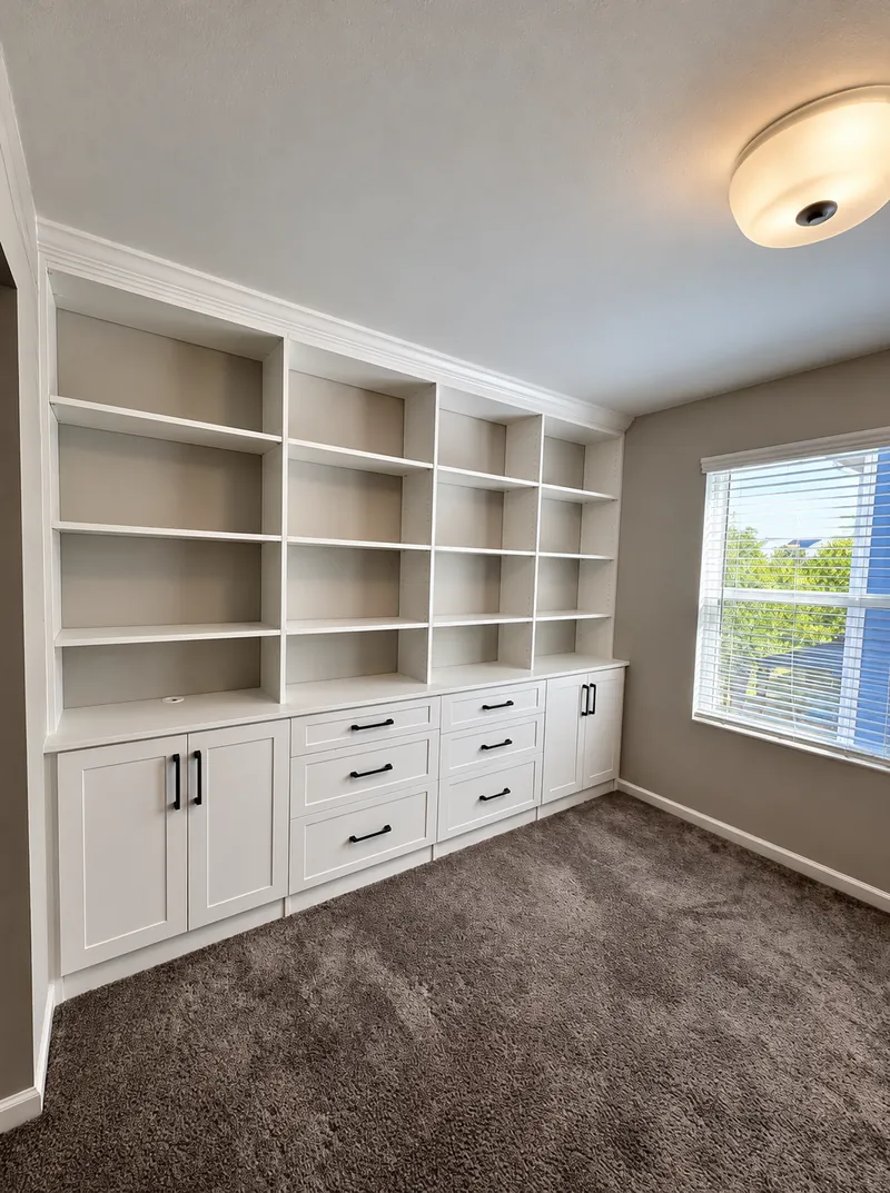 White built-in bookcase wall with base cabinets and drawers