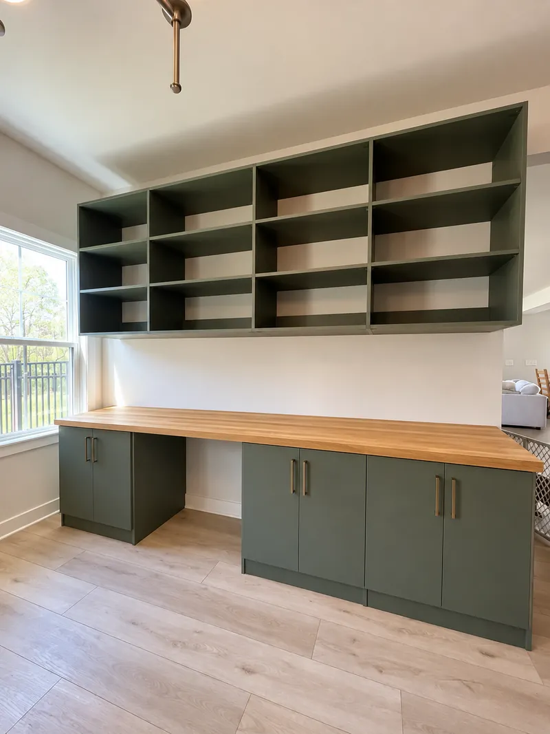 Home office with green open shelving above a butcher-block desk and green base cabinets