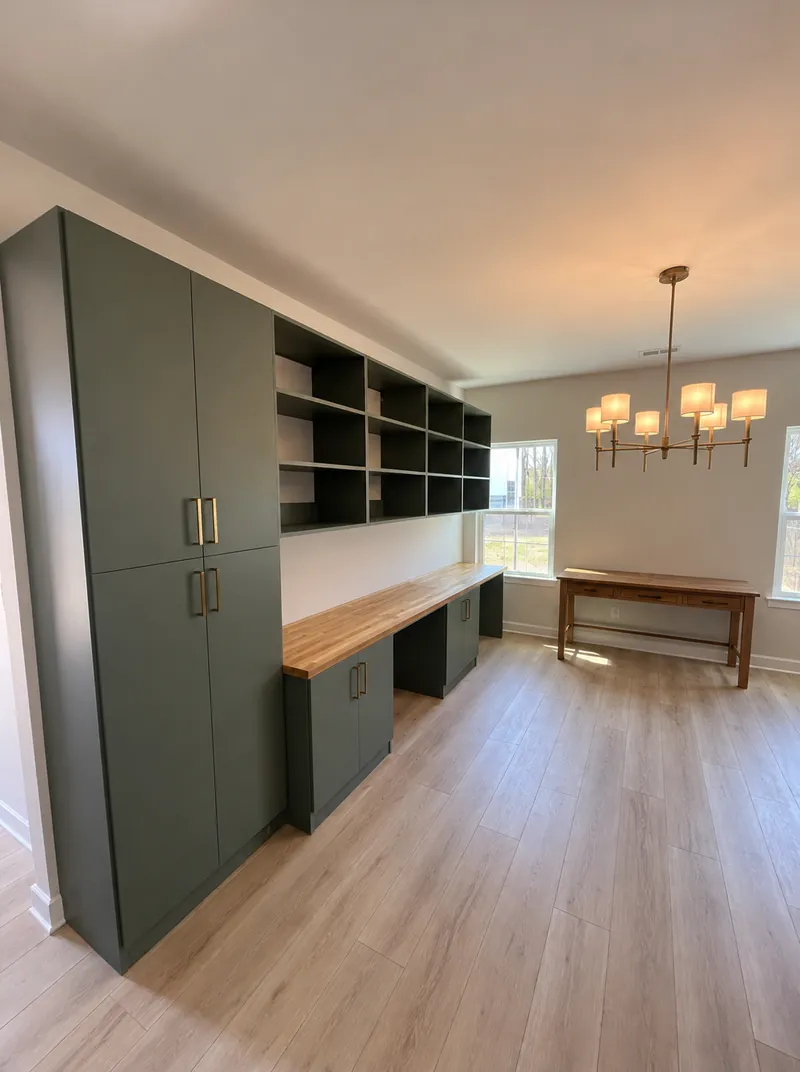 Home office wall with tall green cabinets, open shelving and a butcher-block desk