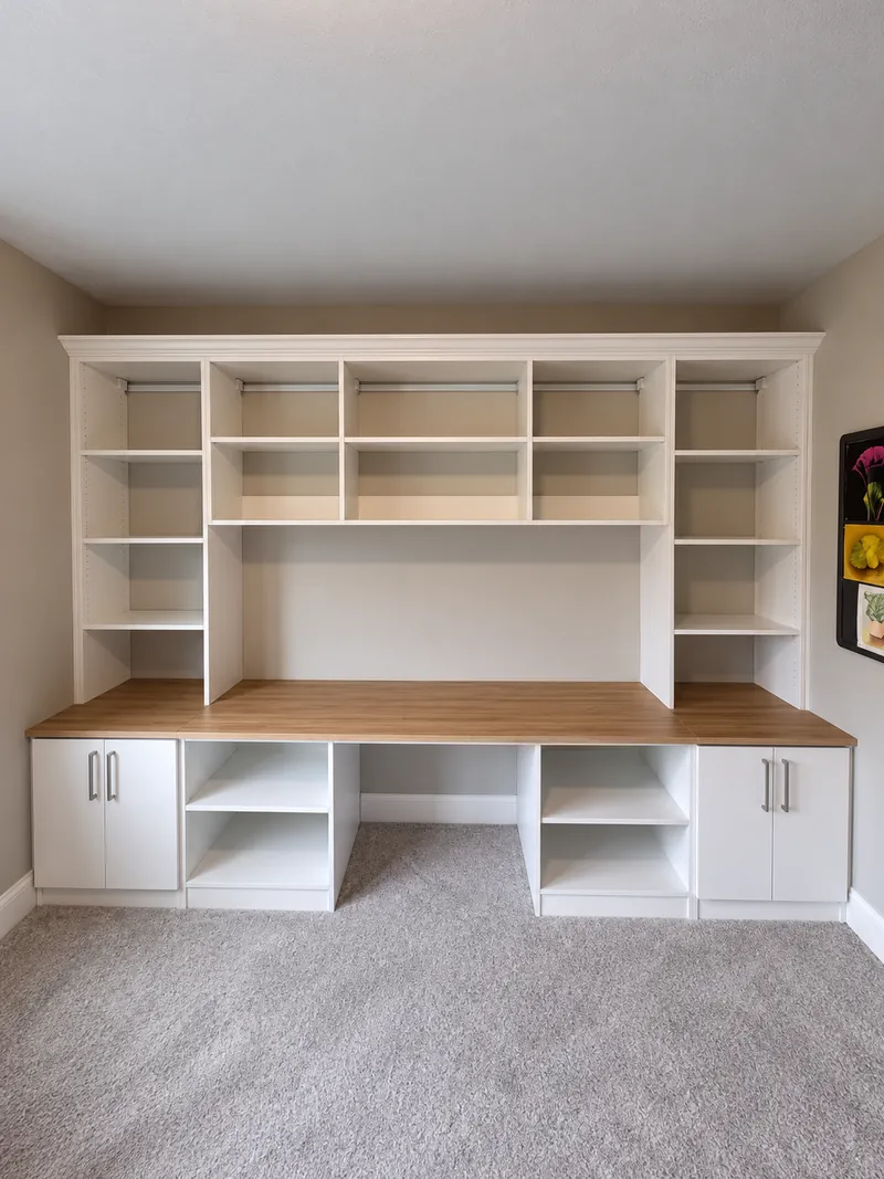 White home office built-in with open shelving above a wood desktop and base cabinets