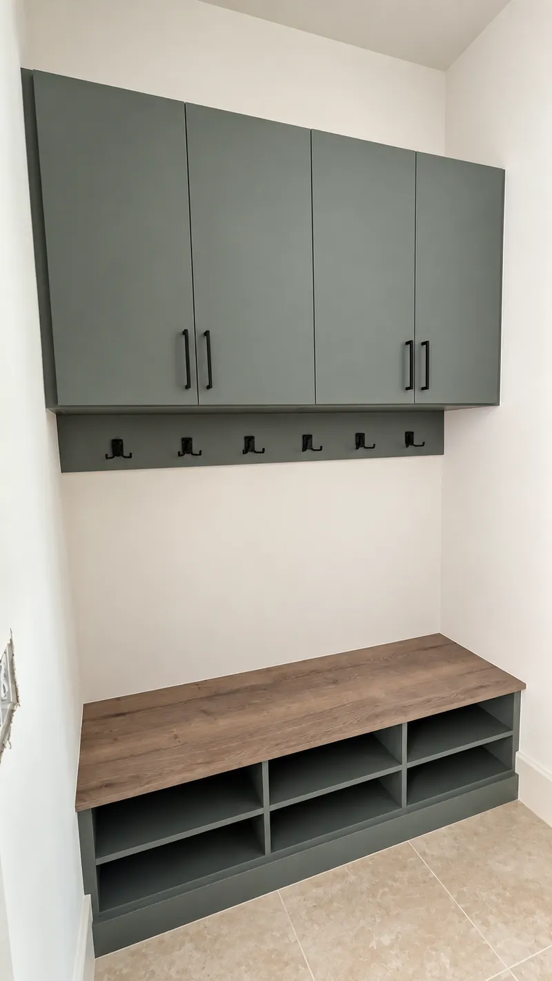 Green mudroom drop zone with upper cabinets, a hook rail and a wood-top cubby bench
