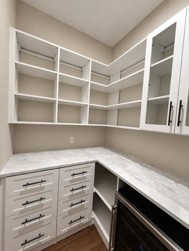 White walk-in pantry with marble-look countertops, drawers, a glass-front cabinet and a built-in beverage fridge