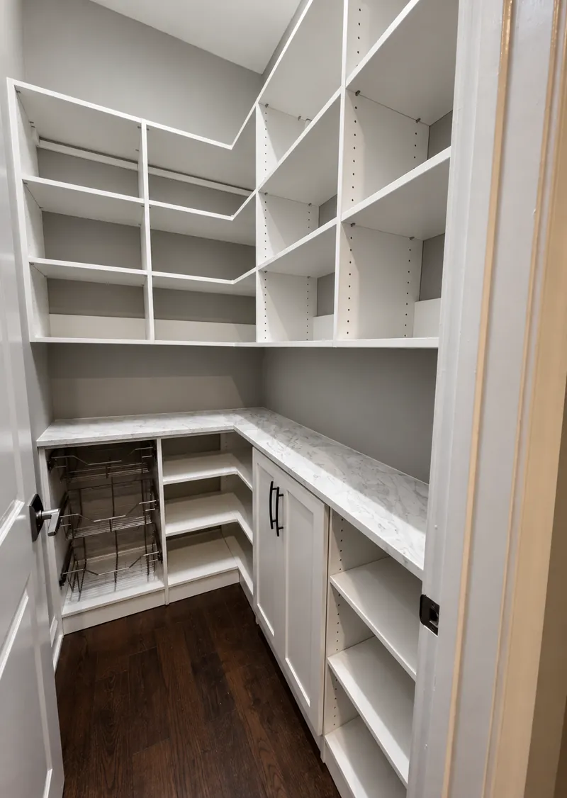 White walk-in pantry with wire pull-out baskets, a marble-look countertop and wraparound shelving