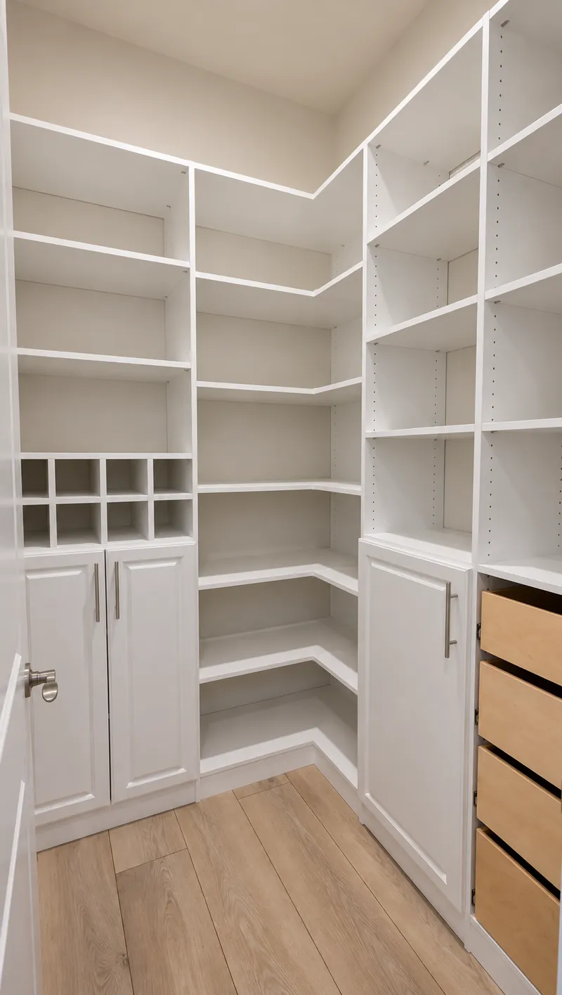 White corner pantry with wine cubbies, raised-panel cabinets, adjustable shelving and drawers