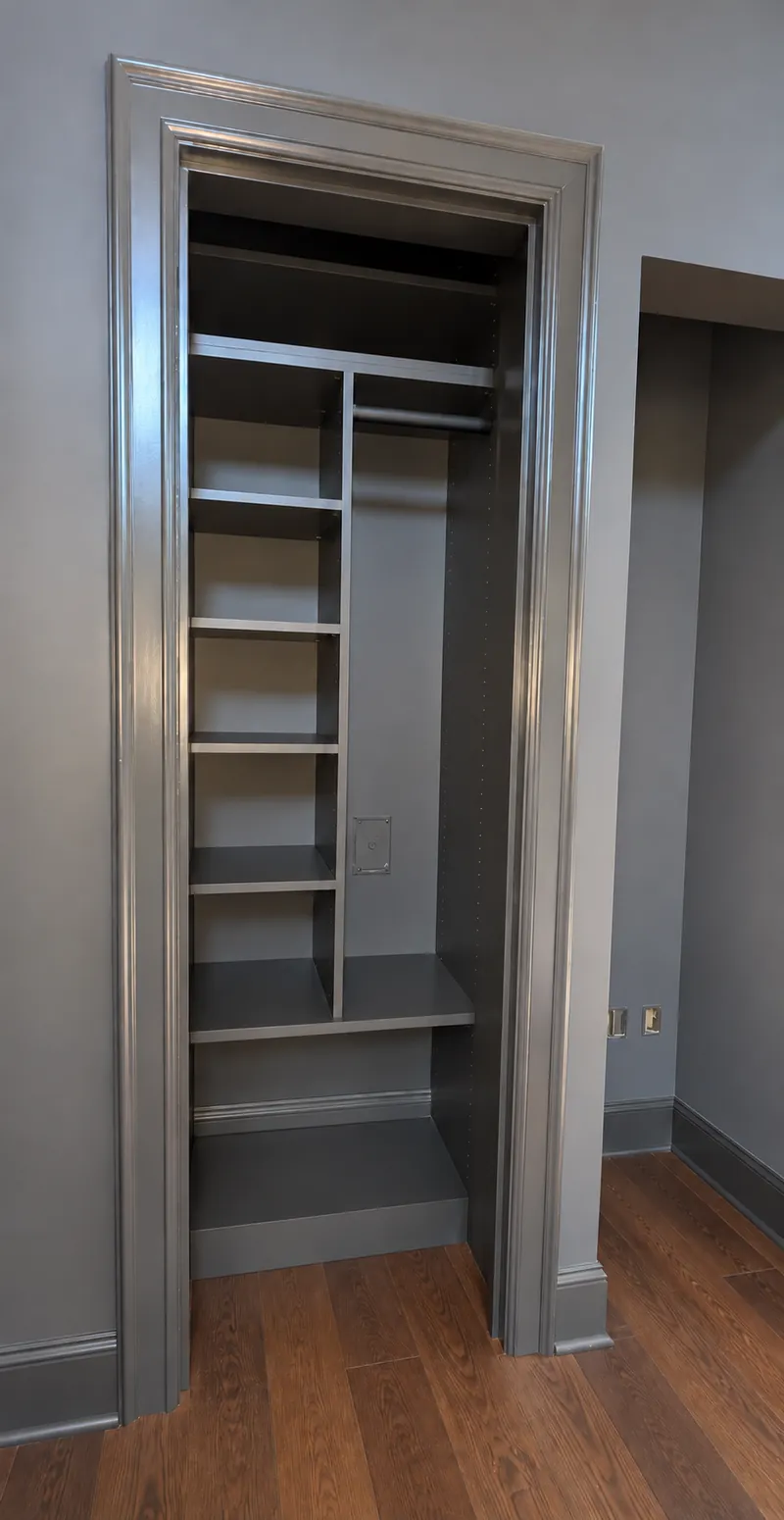 Reach-in closet with gray shelving and a hanging rod