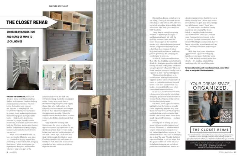 The Closet Rehab Partner Spotlight article in STROLL Quail Hollow magazine, April 2026