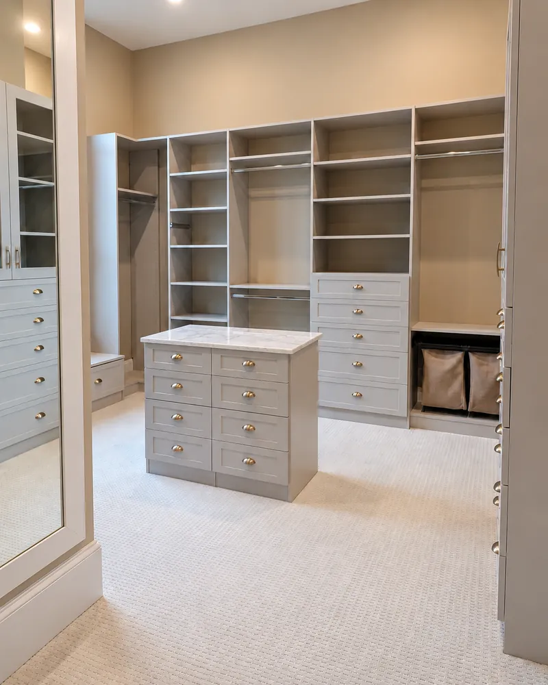 Walk-in closet in a greige finish with an island, drawer stacks, shelving and pull-out hampers