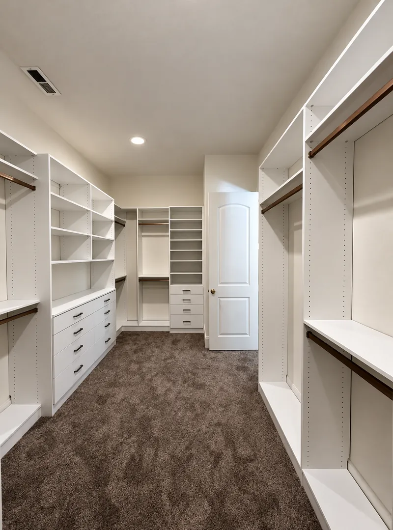 White walk-in closet with long and double hanging rods, open shelving and drawers