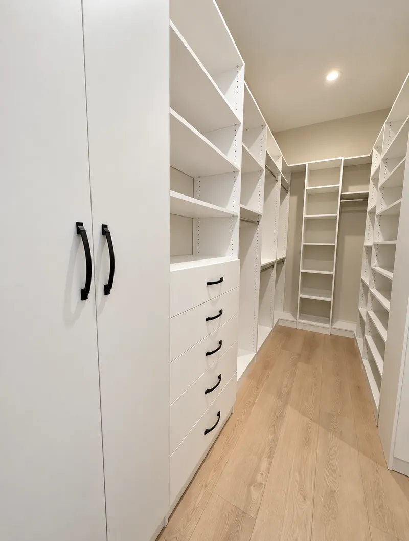 Narrow white walk-in closet with tall cabinet doors, drawers and floor-to-ceiling shelving