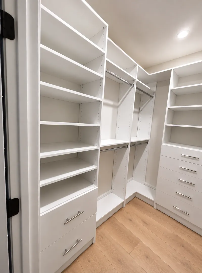 White walk-in closet with adjustable shelving, double hanging rods and drawers