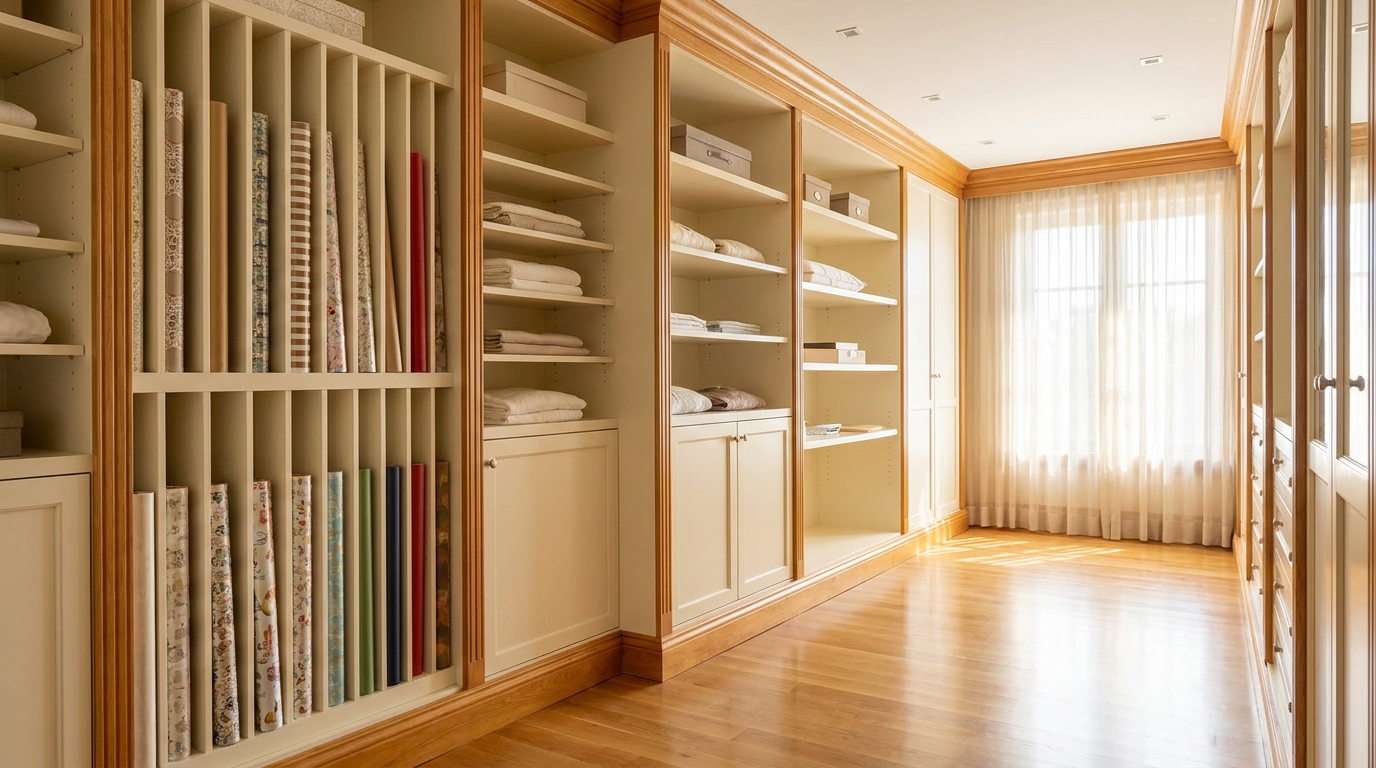Holiday Storage Closet: Vertical Paper, Ribbon, Bins