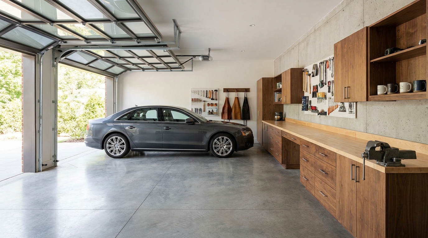 Garage Workbench Storage That Keeps the Parking Stall