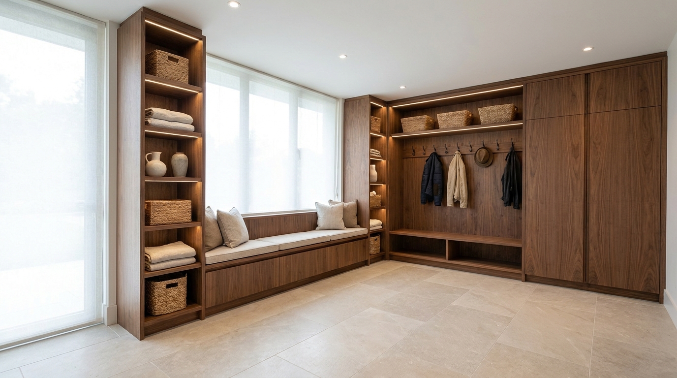 Garage Entry Storage: Hooks and a Bench at the Door
