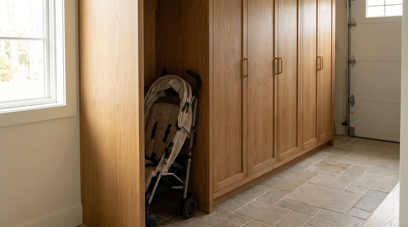 Stroller Storage Built-Ins for a Clear Door Hall