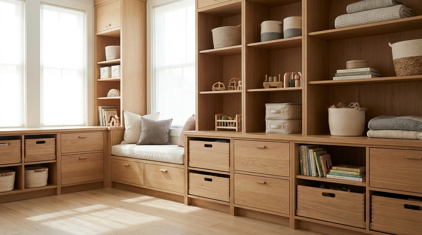 Playroom Built-In Storage: Labeled Bins, Clear Play Path