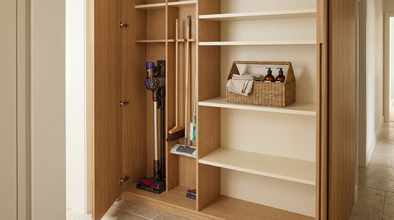 Utility Closet Storage: Vacuum Dock, Slots, Caddy
