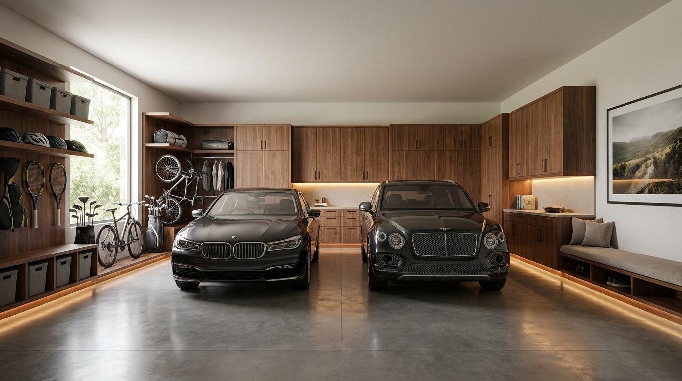 Garage Sports Equipment Storage That Parks Two Cars
