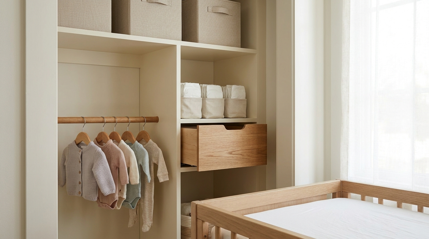Nursery Closet Storage: Diapers in Reach, Bins Up High