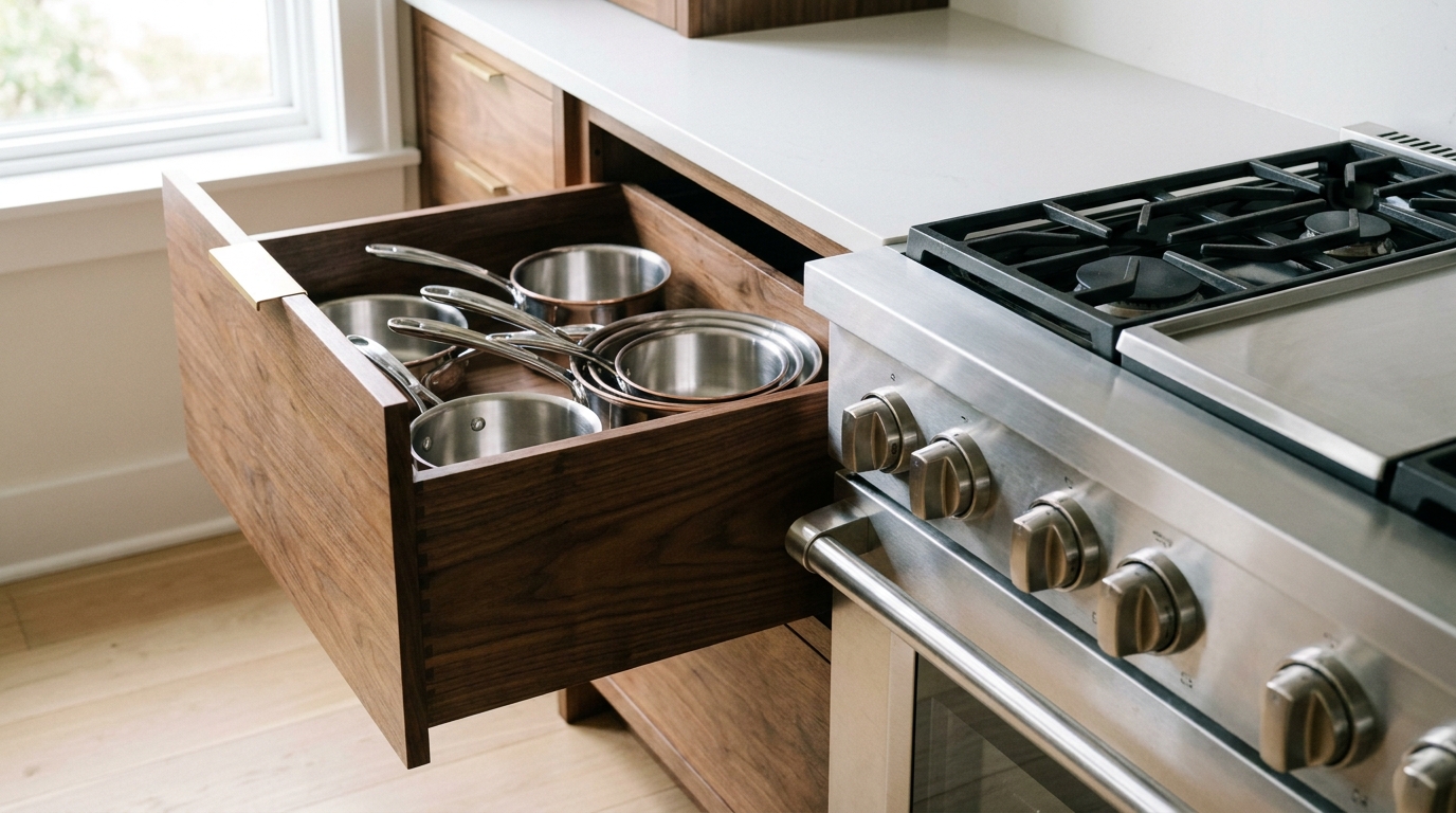 Custom Pot and Pan Storage in Drawers by the Range